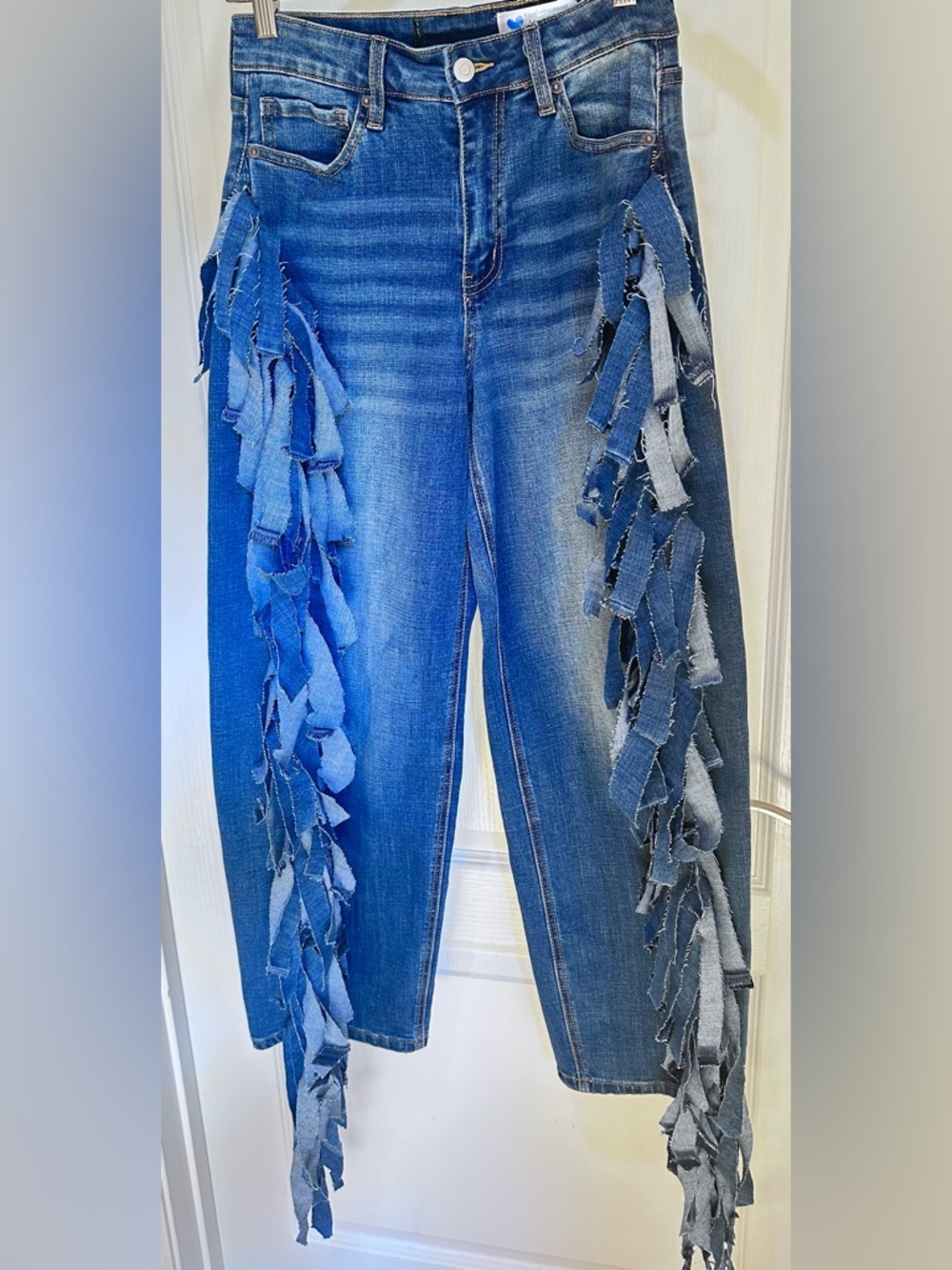 Upcycled High-Rise Blue fringe Ruffle-Trim barrel Jeans size S - Picture 4 of 7